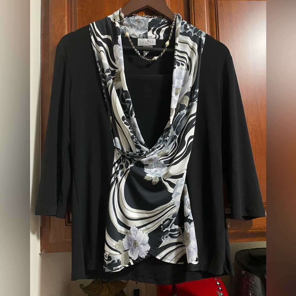 Caribe USA Cowl Neck Blouse Floral Animal Print 3/4 Sleeve Tunic Top-Size Small